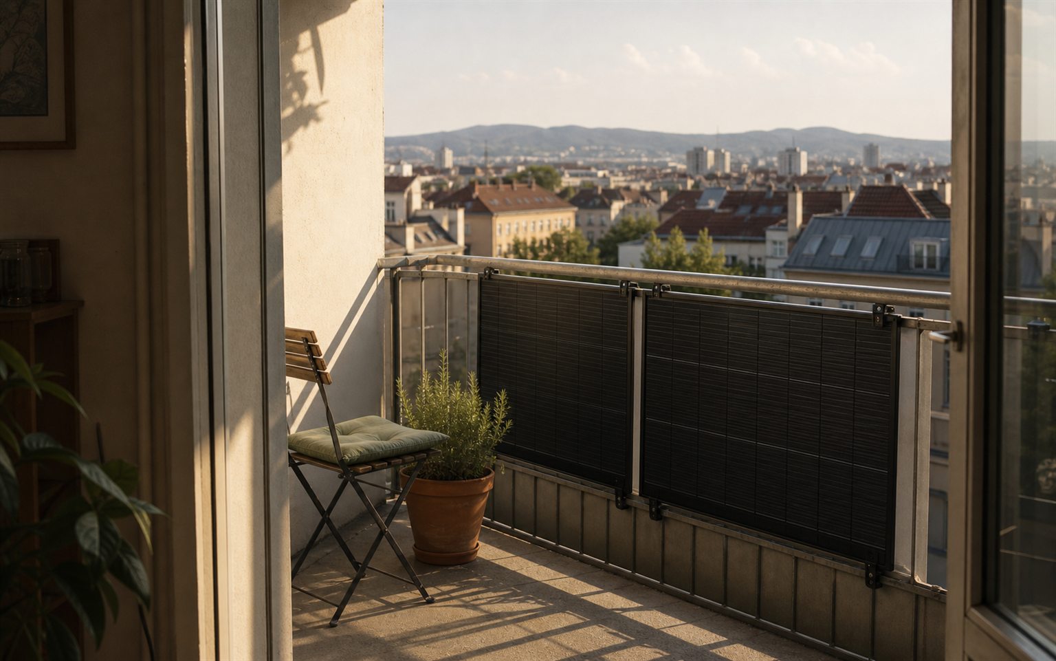 Beispielhafte Visualisierung eines Wiener Stadtbalkons mit zwei sicher am Geländer montierten Solarmodulen